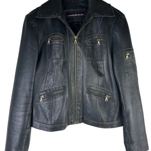 Charles Klein Moto Bomber Leather Jacket Coat Womens Sz Large Black Zip Up - Picture 2 of 8